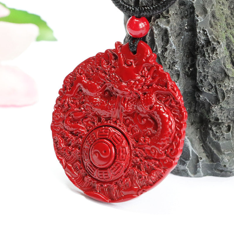 Dragon Bagua Sterling Silver Pendant with Cinnabar Stone - Prosperity and Protection Symbol