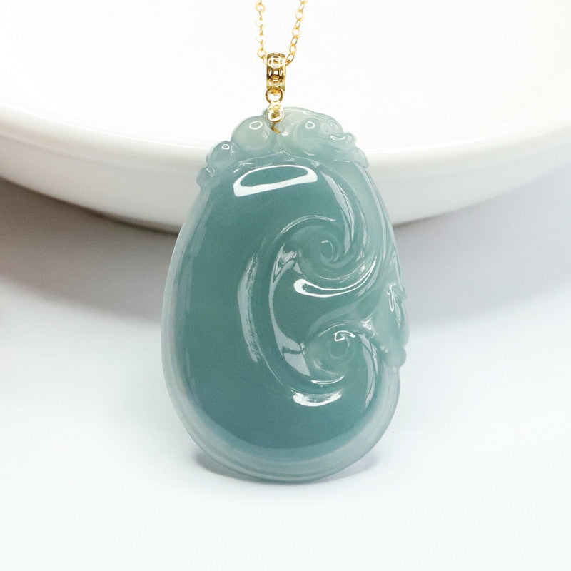 Blue Green Ruyi Jade Necklace with Sterling Silver Pendant