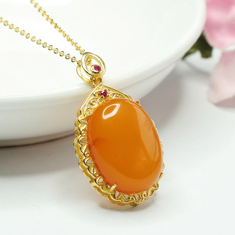 Sterling Silver Oval Honey Wax Amber Pendant Necklace