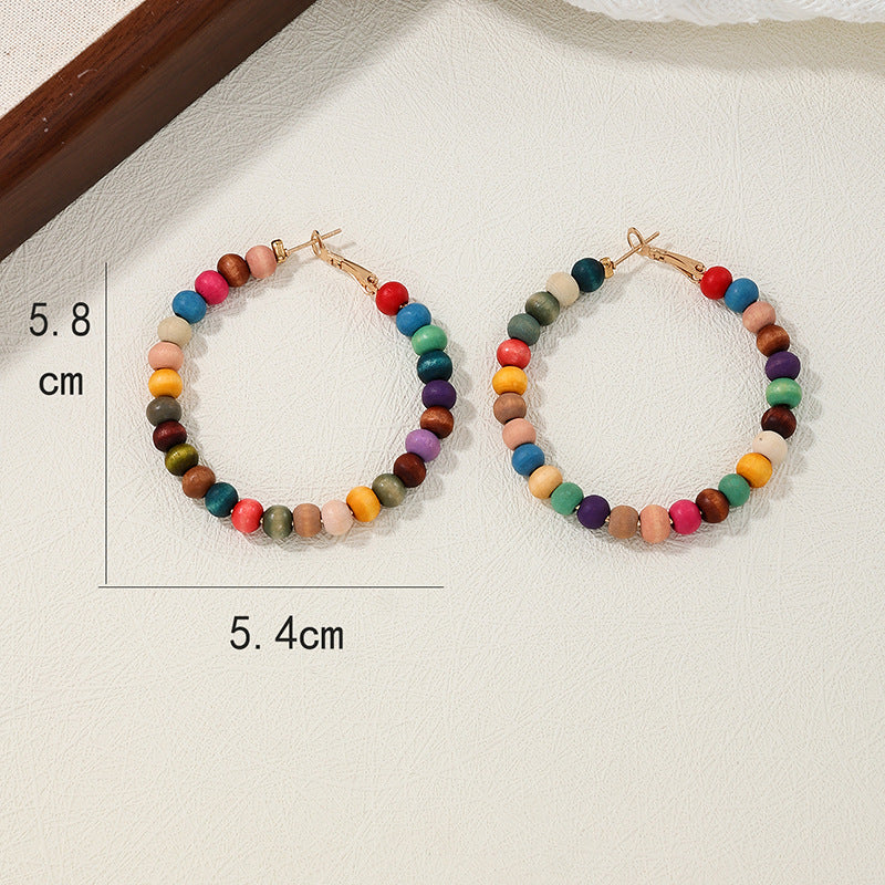 Vibrant Wooden Bead Circle Earrings Set - Wholesale Women's Fashion Accessories