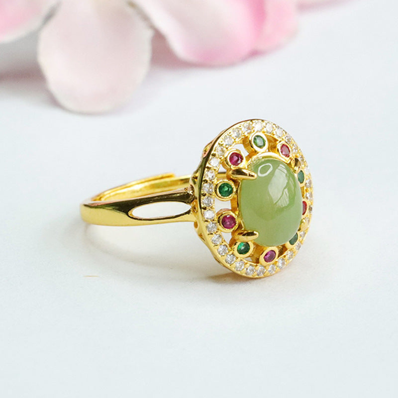 Vintage Hotan Jade Jasper Sterling Silver Ring with Colorful Zircon Accents