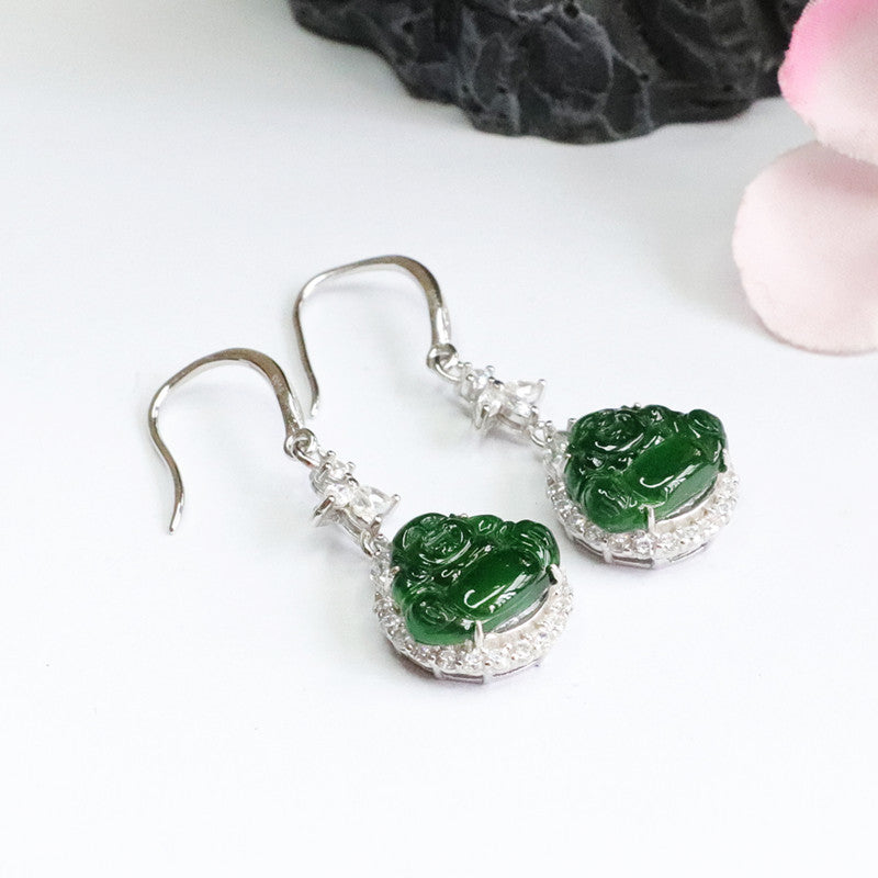 Ice Emperor Green Buddha Jade Sterling Silver Earrings