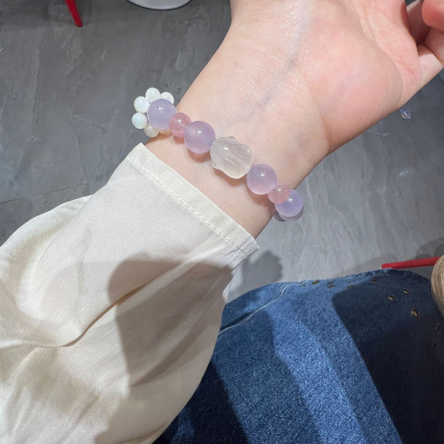 Charming Hand Bracelets with Purple Chalcedony, Lychee Agate, and Strawberry Crystal