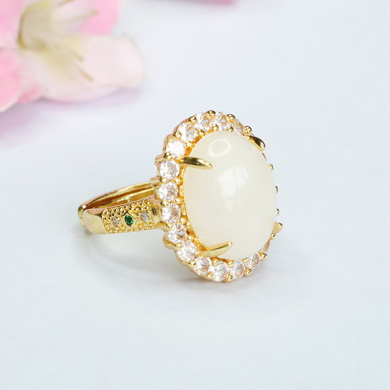 Jade Ring with White Jade and Zircon Gemstones