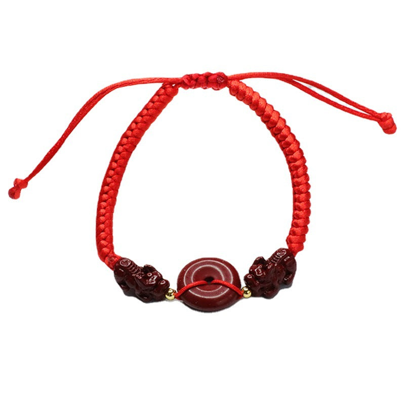 Double Pixiu Cinnabar Stone Bracelet with Sterling Silver Buckle