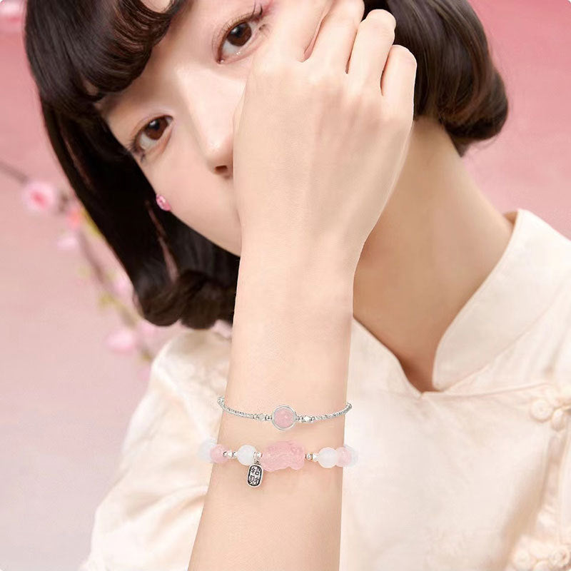 Luxurious Sterling Silver Pink Crystal Pixiu Bracelet with White Agate for Wealth and Fortune