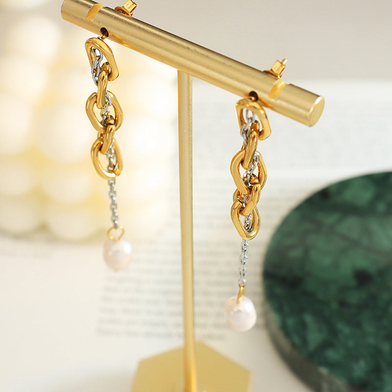 Baroque Freshwater Pearl Chain Earrings - European and American Ins Style