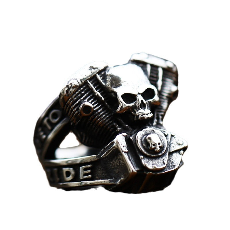 Retro Engine Wrench Skull Ring for Men - European and American Locomotive Style Stainless Steel in Titanium Steel