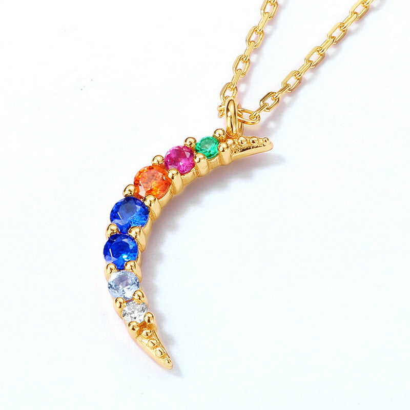 Crescent Moon Pendant Colourful Round Zircon Silver Necklace