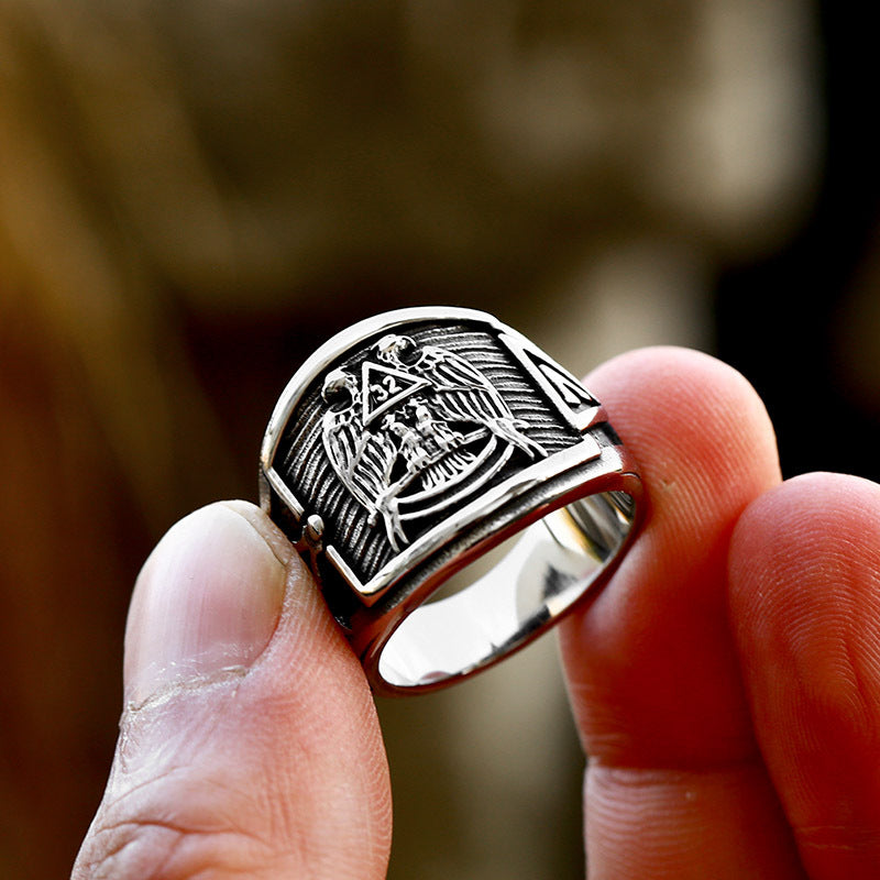 Vintage-Inspired Double Eagle Titanium Steel Freemason Ring for Men – Cross-Border Foreign Trade Stainless Steel Design