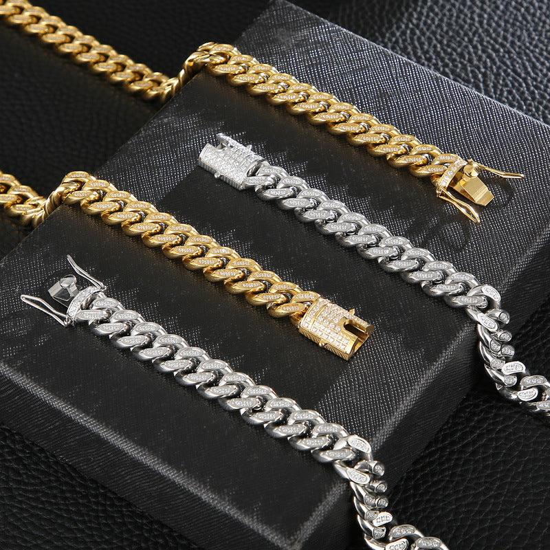 Trendy Hip-Hop Gold Chain Necklace and Bracelet Set with Zircon Accents for Men