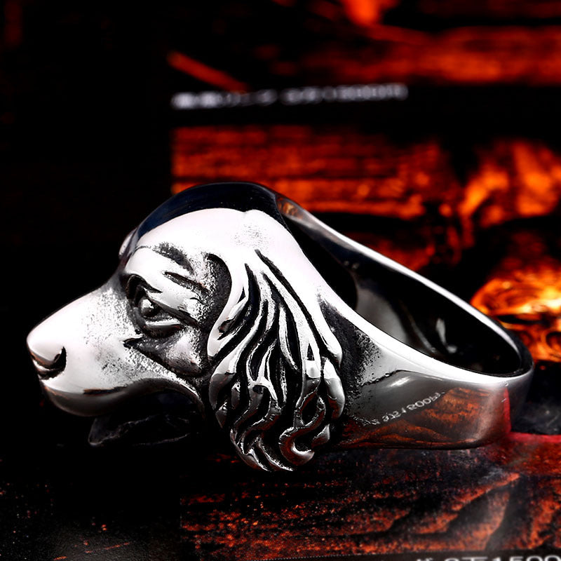 Retro Golden Retriever Head Titanium Steel Ring for Men - Edgy Punk Style, Sizes 7-13