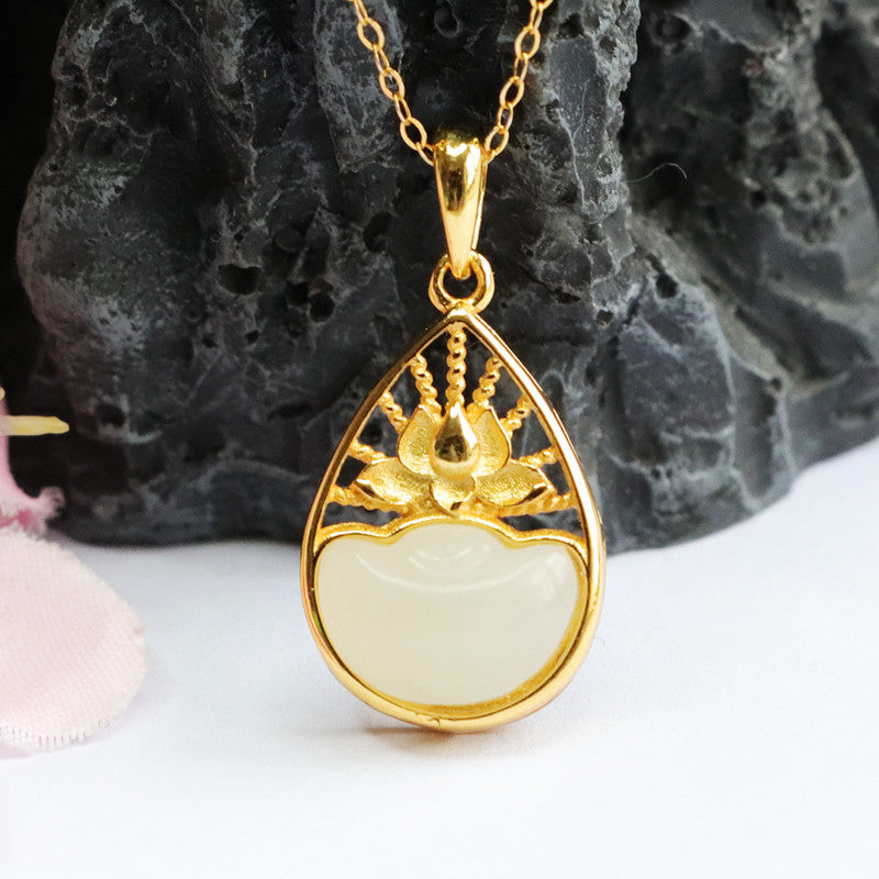 Sterling Silver Lotus Water Drop Necklace with Natural Hetian Jade Accent Piece