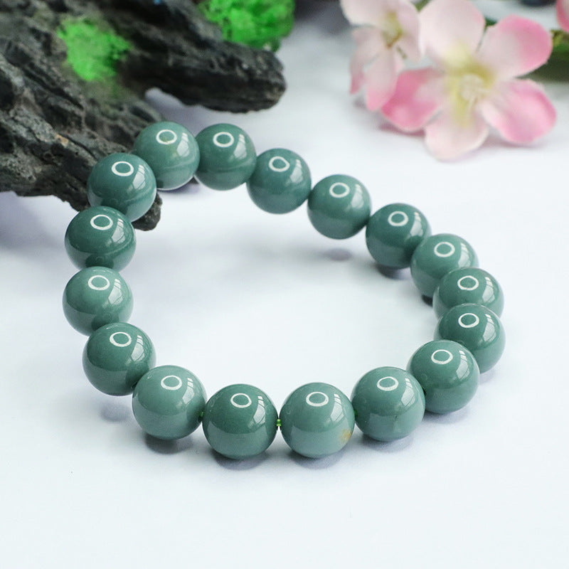 Jade Bracelet with Old Blue Green Beads and Sterling Silver Needle