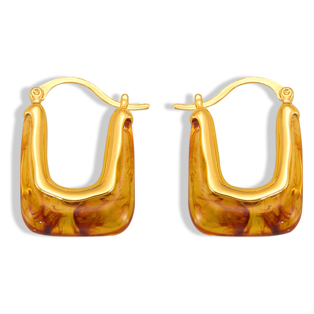 Retro Chic Copper U-Shaped Earrings with Personalized Resin Design