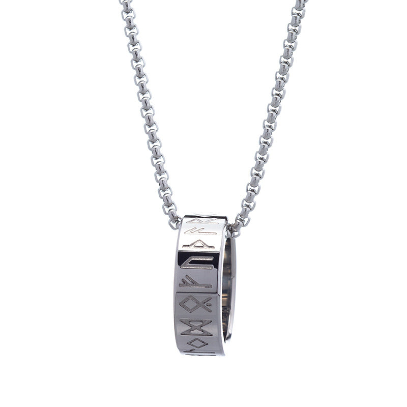 Norse Rune Titanium Steel Necklace with Pearl Chain and Versatile Ring Pendant for Men