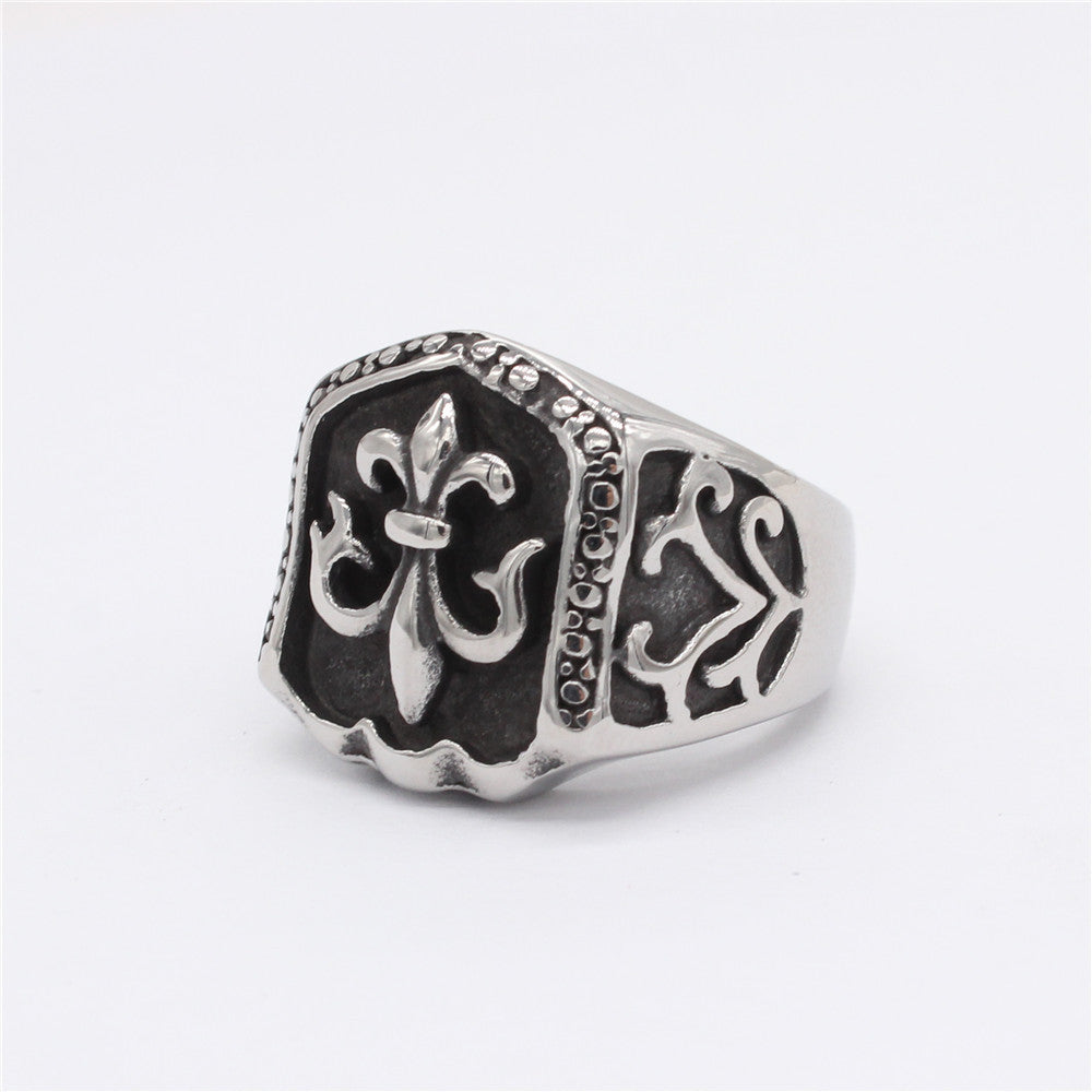 Childern Flower Pentagonal Shield Titanium Steel Ring for Men