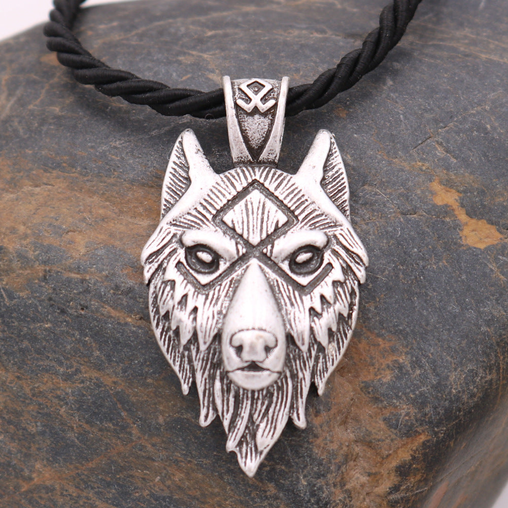 Viking Wolf Head Metal Necklace with Runa Rune Talisman Pendant - Norse Legacy Collection