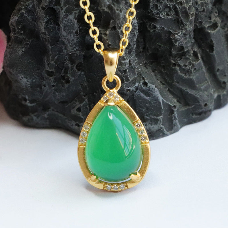 Sterling Silver Necklace with Green Chalcedony Droplet Pendant