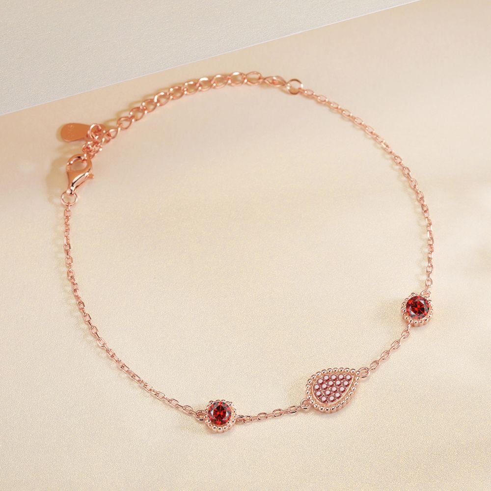 Water Droplet Pendant Round Red Garnet Sterling Silver Bracelet