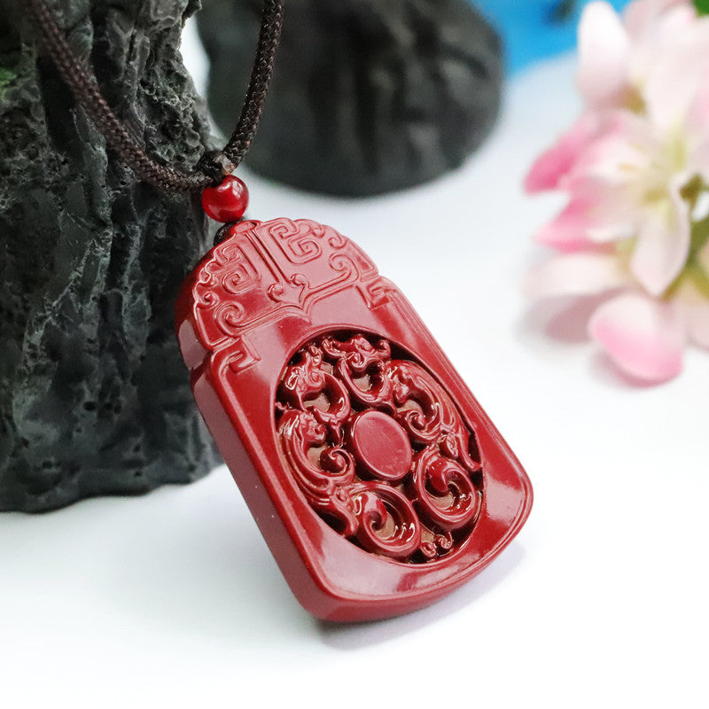 Cinnabar Pendant Antique Dragon and Phoenix Double Side Carving Pendant