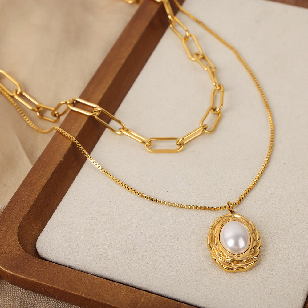 Vintage-inspired Double-Layer Pearl Pendant Necklace in Gold-Plated Titanium Steel