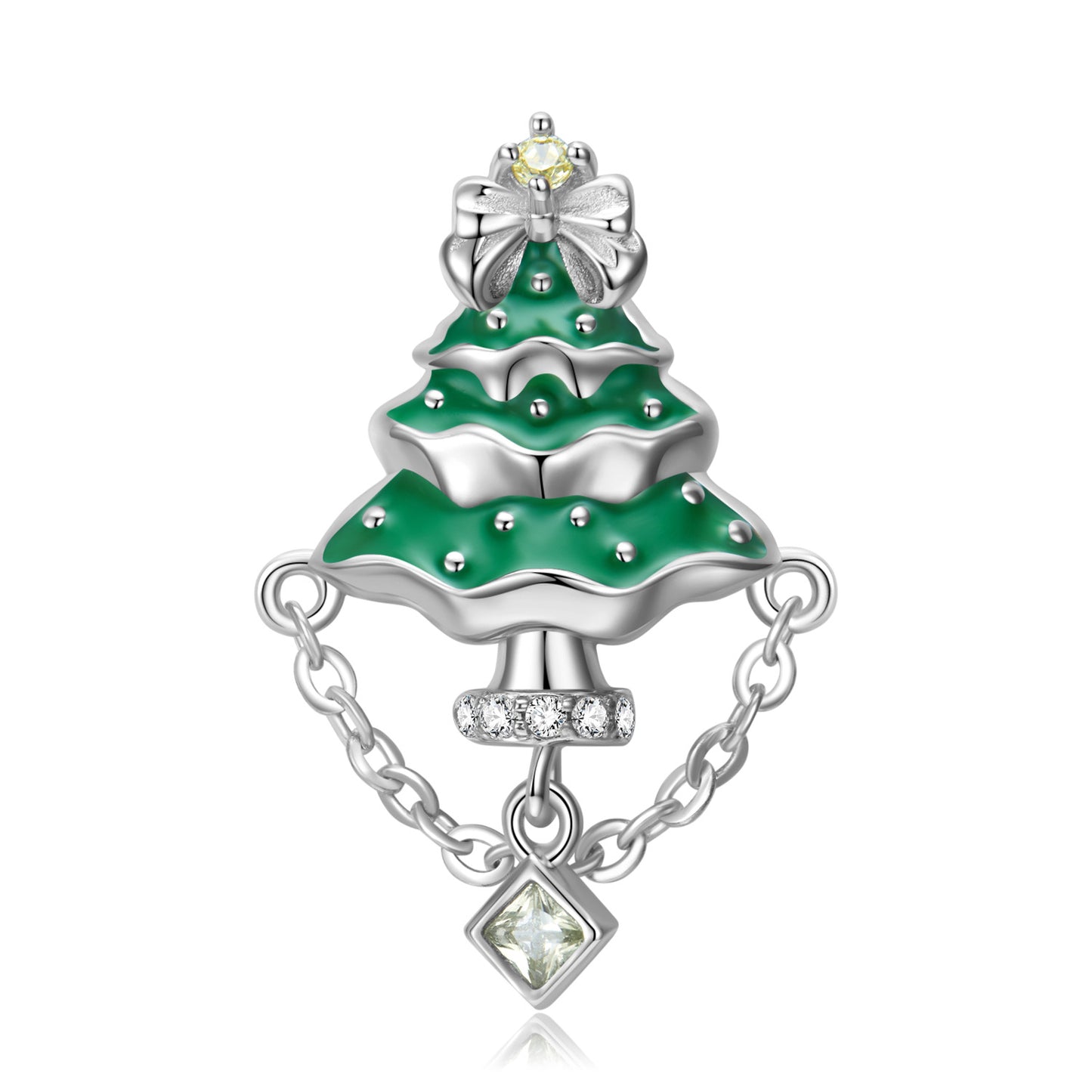 Christmas Tree Pendant Square Zircon Tassel Silver Necklace