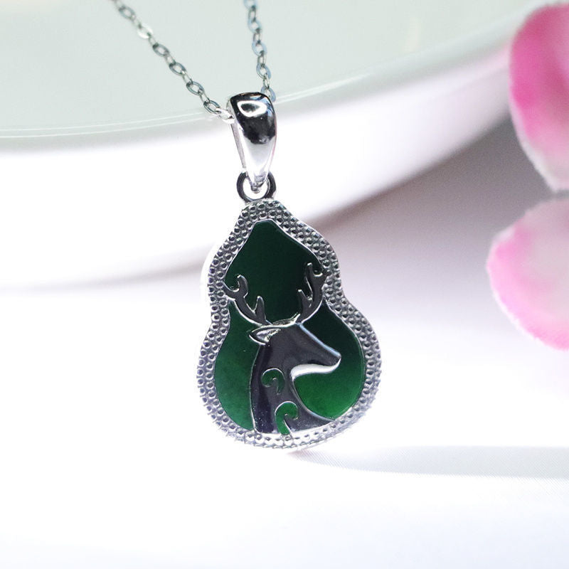 Sterling Silver Blackish Green Jade Deer Pendant Necklace