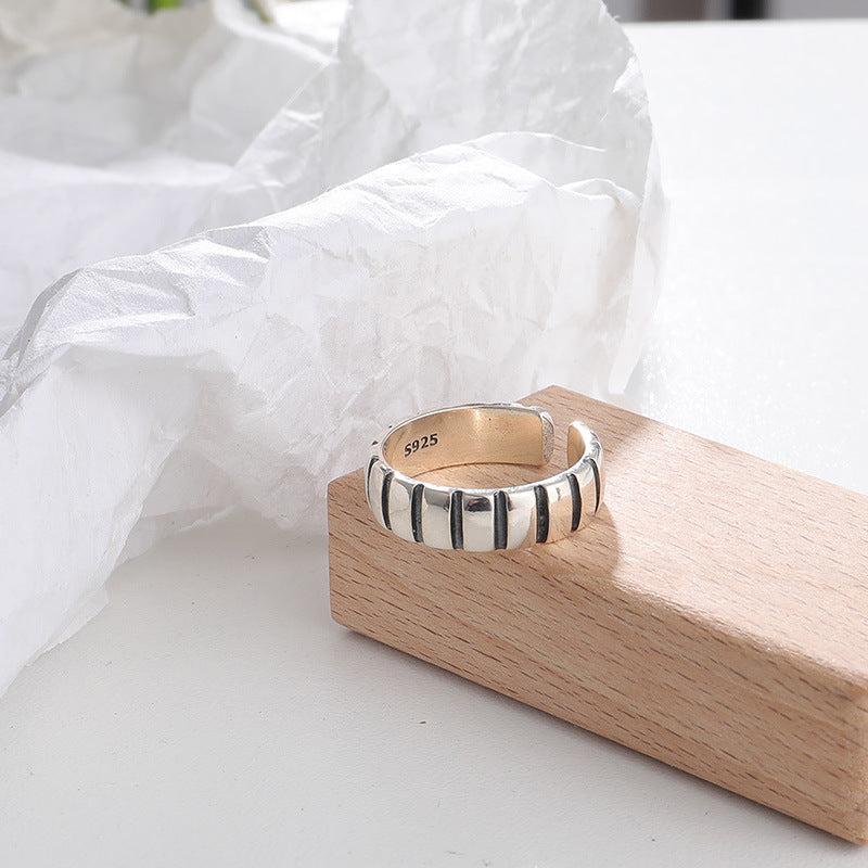 Geometric Carving Vertical Lines Design Opening Sterling Silver Ring