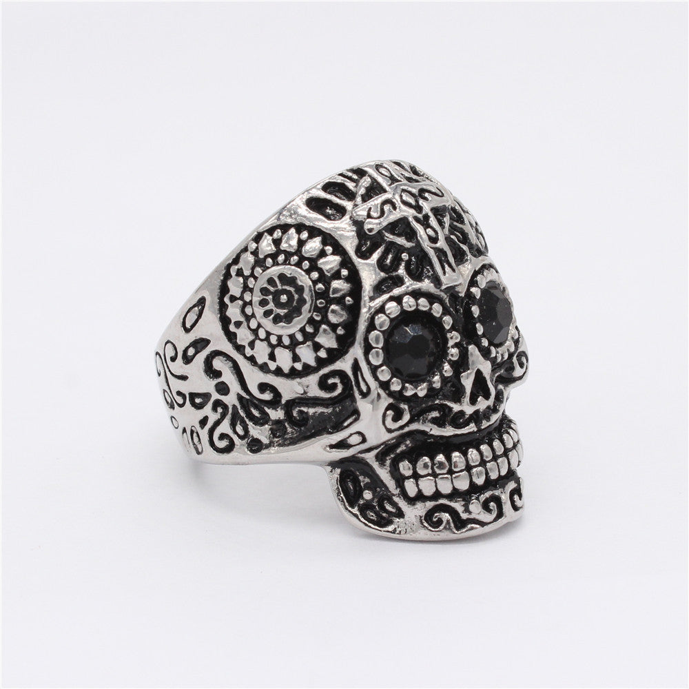 Halloween Mexican Ghost Skull Zircon Titanium Steel Ring for Men