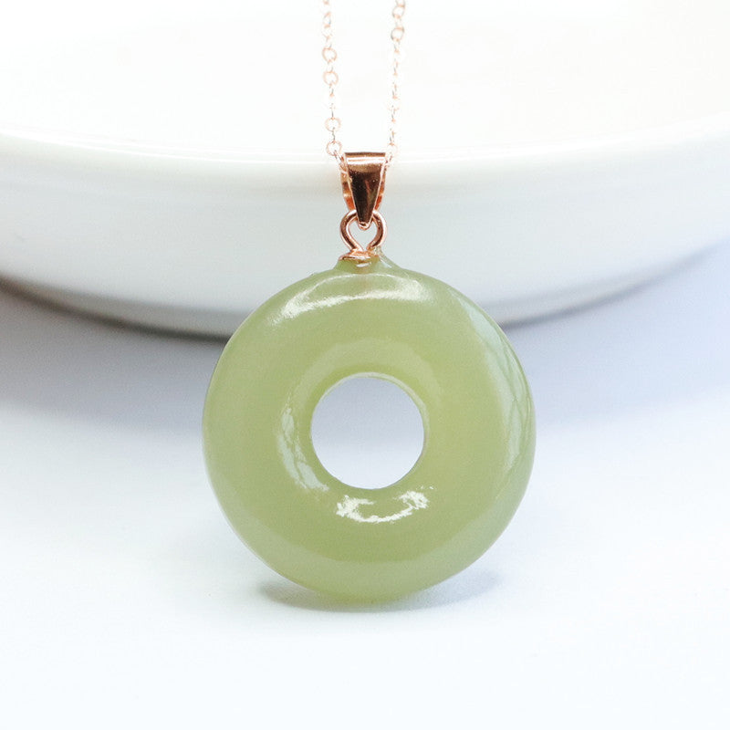 Natural Hetian Jade Lake Green Jade Sterling Silver Necklace with Hollow Circle