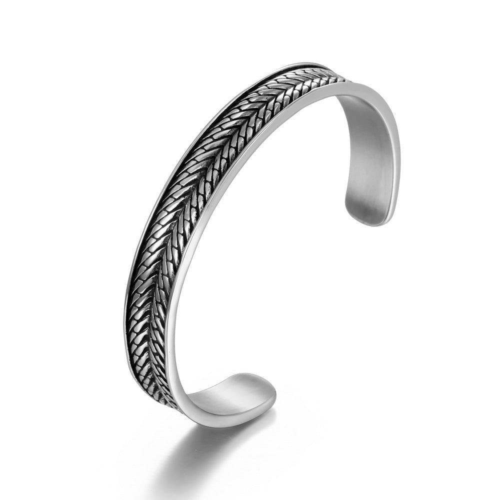 Customizable Vintage C-Shaped Wheat Ear Men's Bracelet - Korean-Inspired Titanium Steel Design