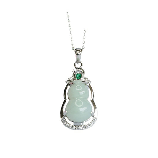 Fortune's Favor Sterling Silver Jade Gourd Pendant Necklace with Green Zircon