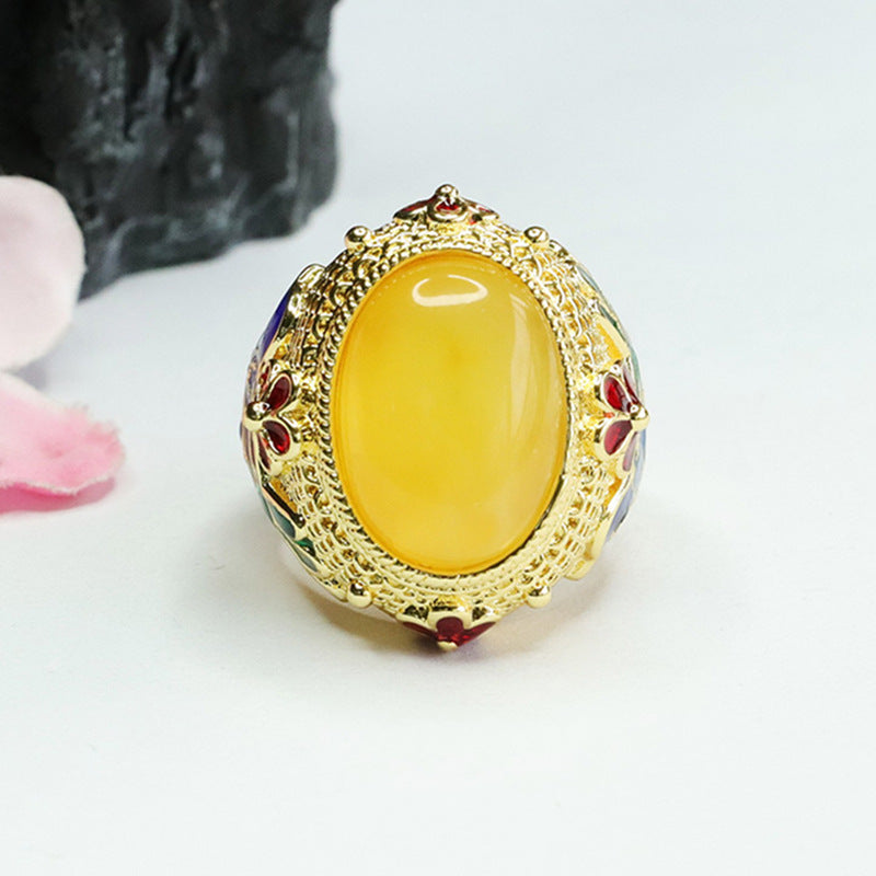 Vintage Wide Retro Amber Beeswax Sterling Silver Pigeon Egg Flower Bird Ring