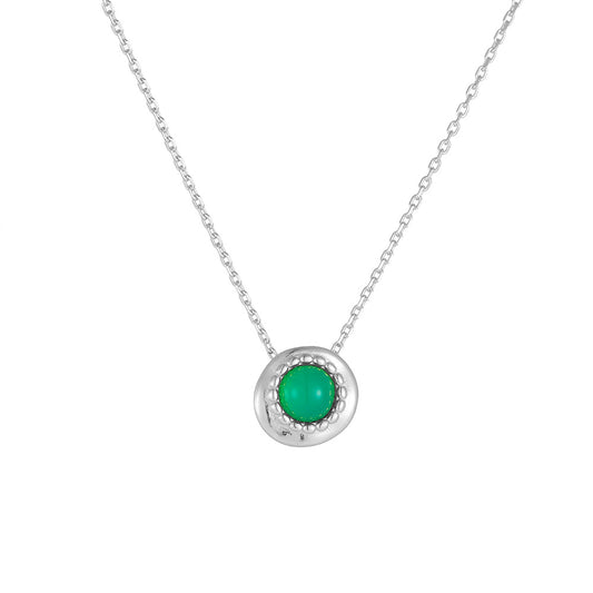 Round Shape Natural Green Agate Pendant Sterling Silver Necklace