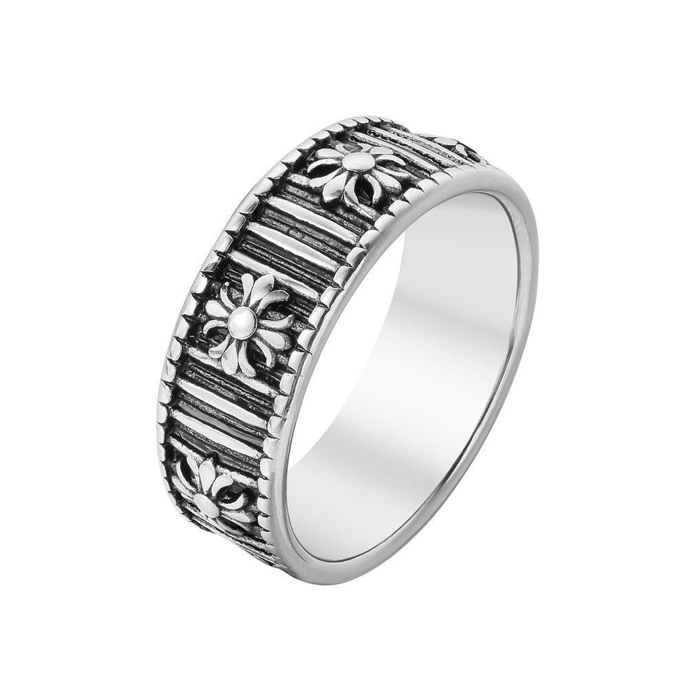 Cross Flower Vertical Stripe Titanium Steel Ring for Men