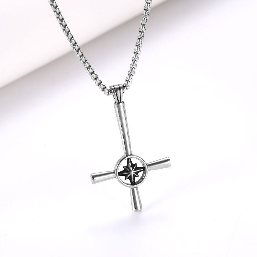 Stylish Stainless Steel Cross Necklace with Star Flower Pendant - Punk Hip-Hop Design for Men