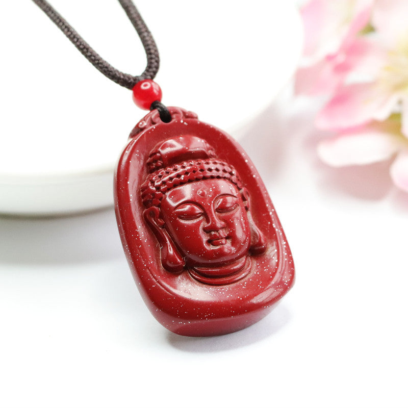 Purple Gold Buddha Head Pendant with Cinnabar Stone - Sterling Silver Jewelry