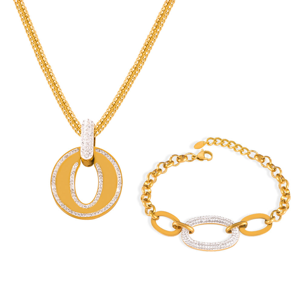 Elegant Titanium Steel Gold-plated Jewelry Set with Zircon Ring Pendant