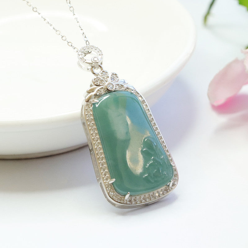 Buddha Carved Lotus Jade Pendant Necklace with Zircon