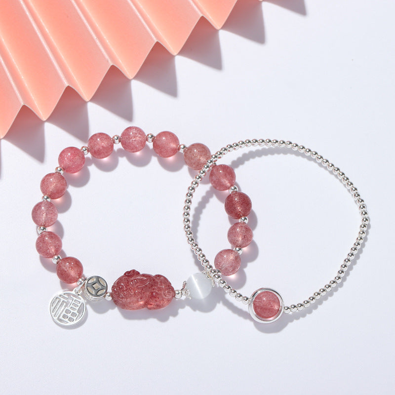 Luxurious Sterling Silver Pixiu Crystal Bracelet with Natural Strawberry Crystal Layers