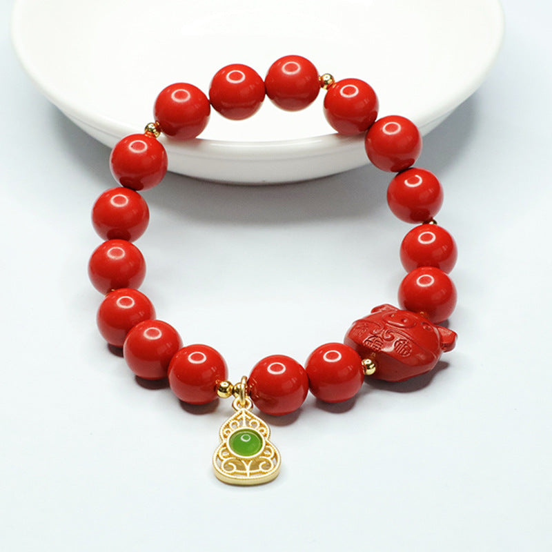 Red Cinnabar and Jade Gourd Zodiac Pig Bracelet