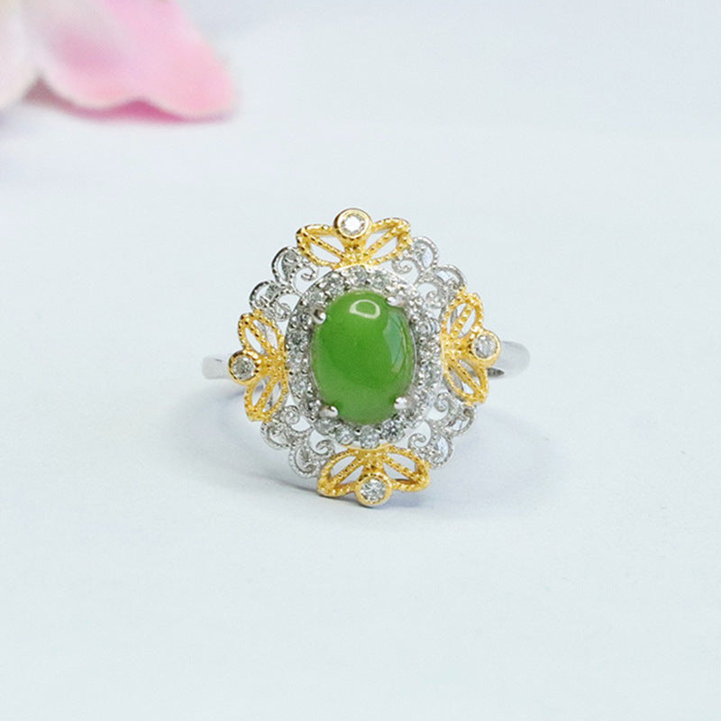 Fortune's Favor: Sterling Silver Hetian Jade Retro Ring with Jasper Gem