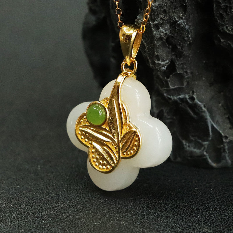 Sterling Silver Four Leaf Grass Hotan Jade Pendant Necklace