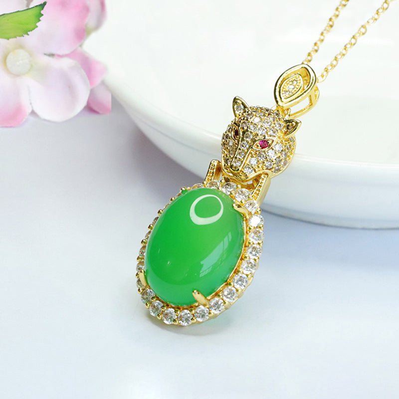 Emperor Green Chalcedony Leopard Head Pendant with Oval Ice Zircon