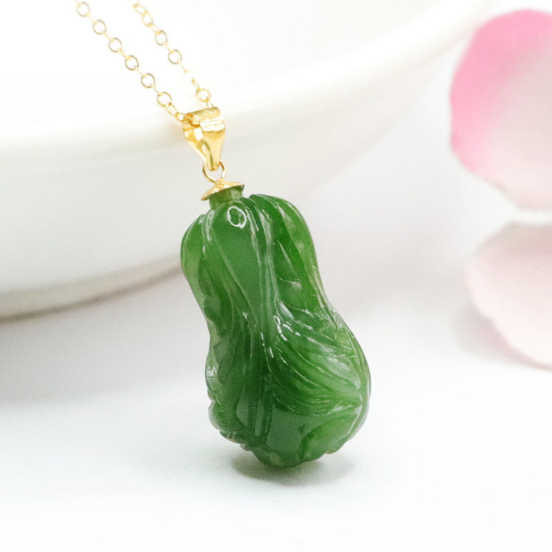 Green Cabbage Design Sterling Silver Pendant Necklace with Natural Hotan Jade Jasper