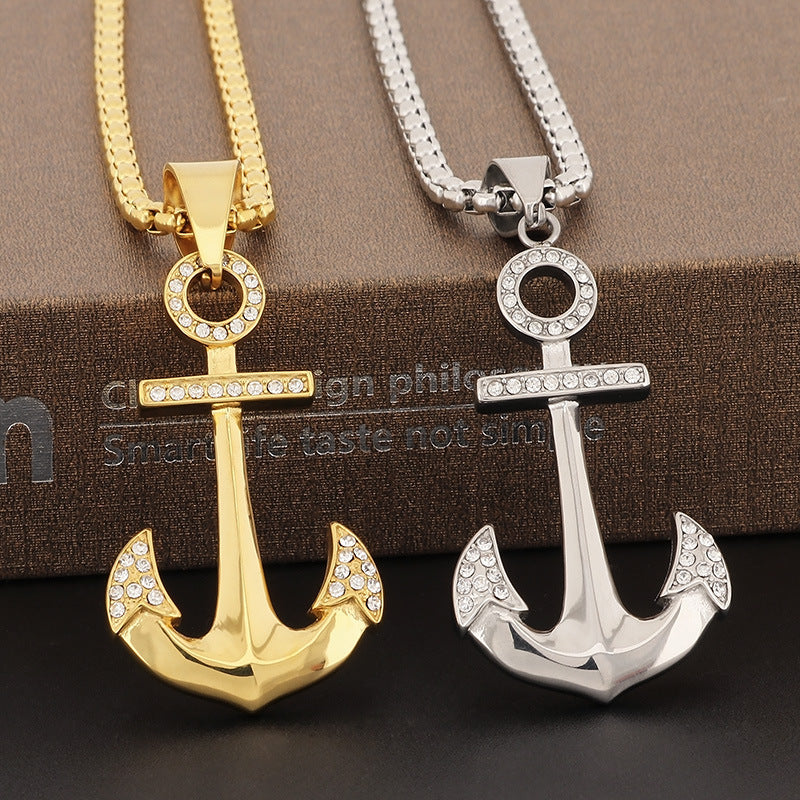 Stylish 18k Gold-Plated Men's Anchor Pendant Necklace - Navy Zircon Stainless Steel Jewelry