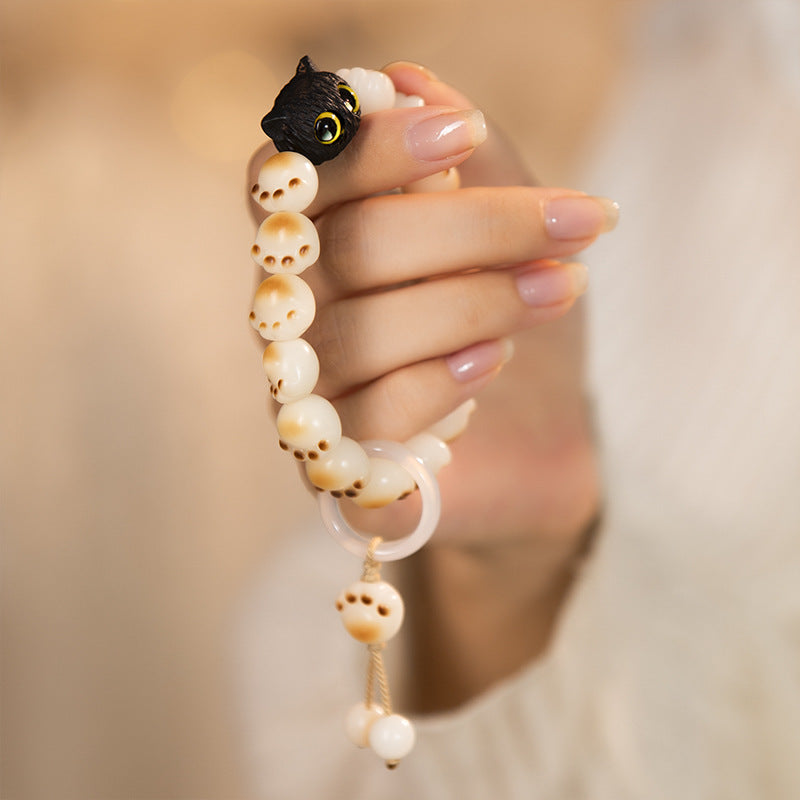 Lucky Charcoal-Grilled Black Cat Bracelet with Sandalwood and Jade Embellishments