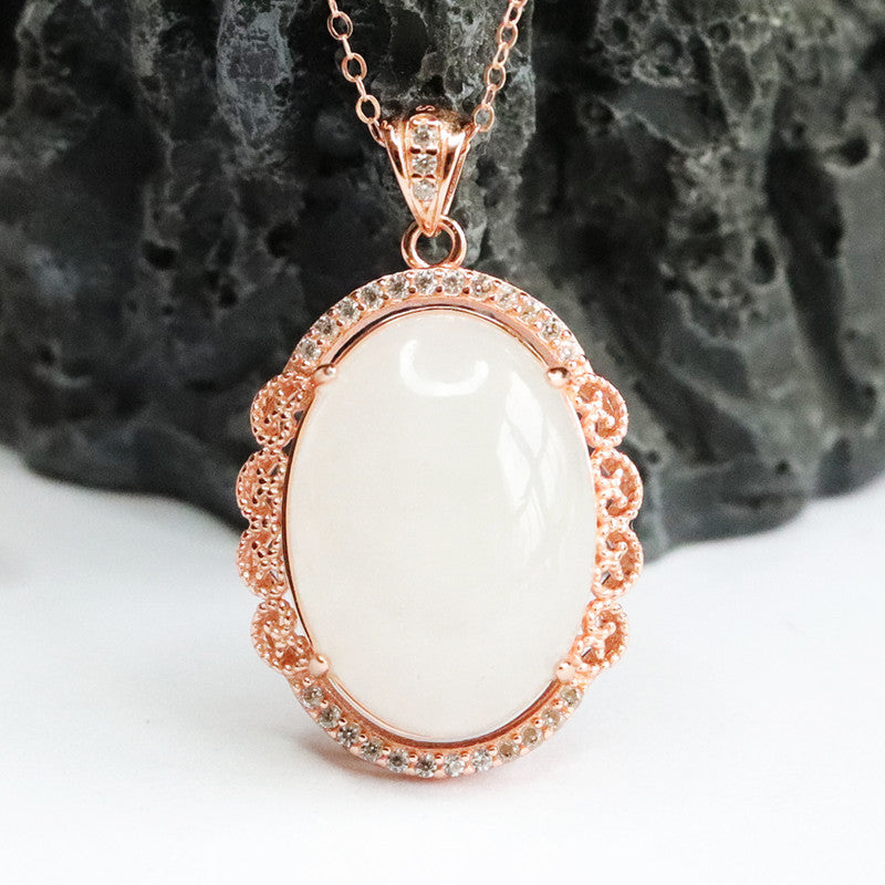 Elegant White Jade Necklace with Silver Pigeon Egg Pendant and Lace Edge