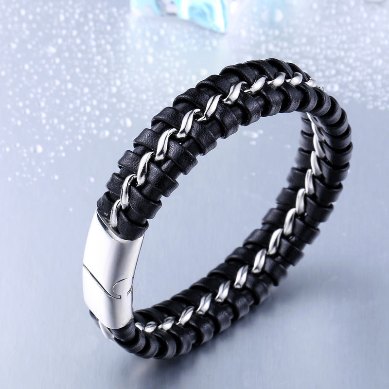 Men's Ethnic Style Retro Black Woven Leather and Stainless Steel Bracelet